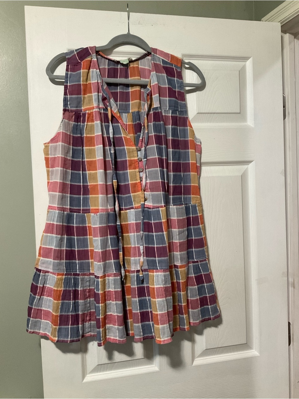 Anthropologie Sleeveless Plaid Tiered Tunic in Burgundy, Blue, Mustard